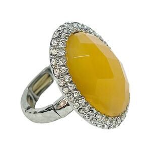 Vintage Golden Yellow Silver Tone Rings Rhinestones Oval Oversized Stretch